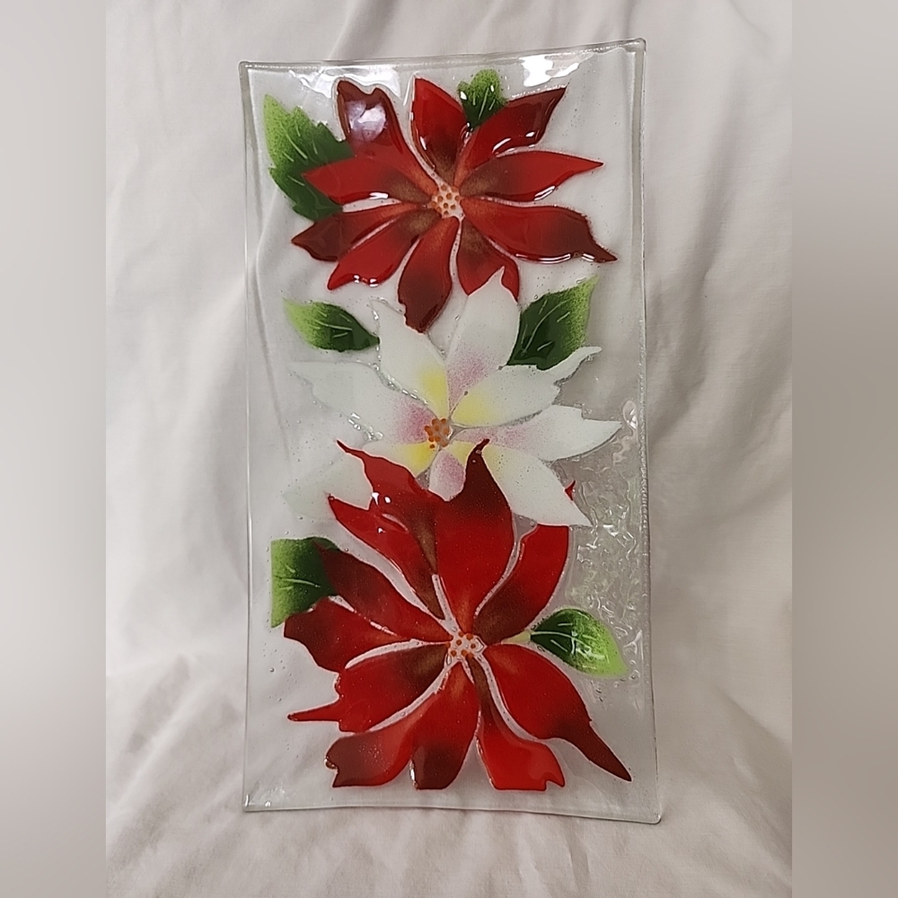 William McGrath Fused Art Glass Serving Tray Poinsetta Signed Christmas Flowers